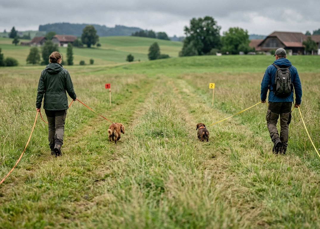 Zwei Hund-Mensch-Teams arbeiten von hinten auf einer Wiese je ihre eigene Fährte, die Hunde folgen mit der Nase am Boden der Spur zum Fähnchen.
