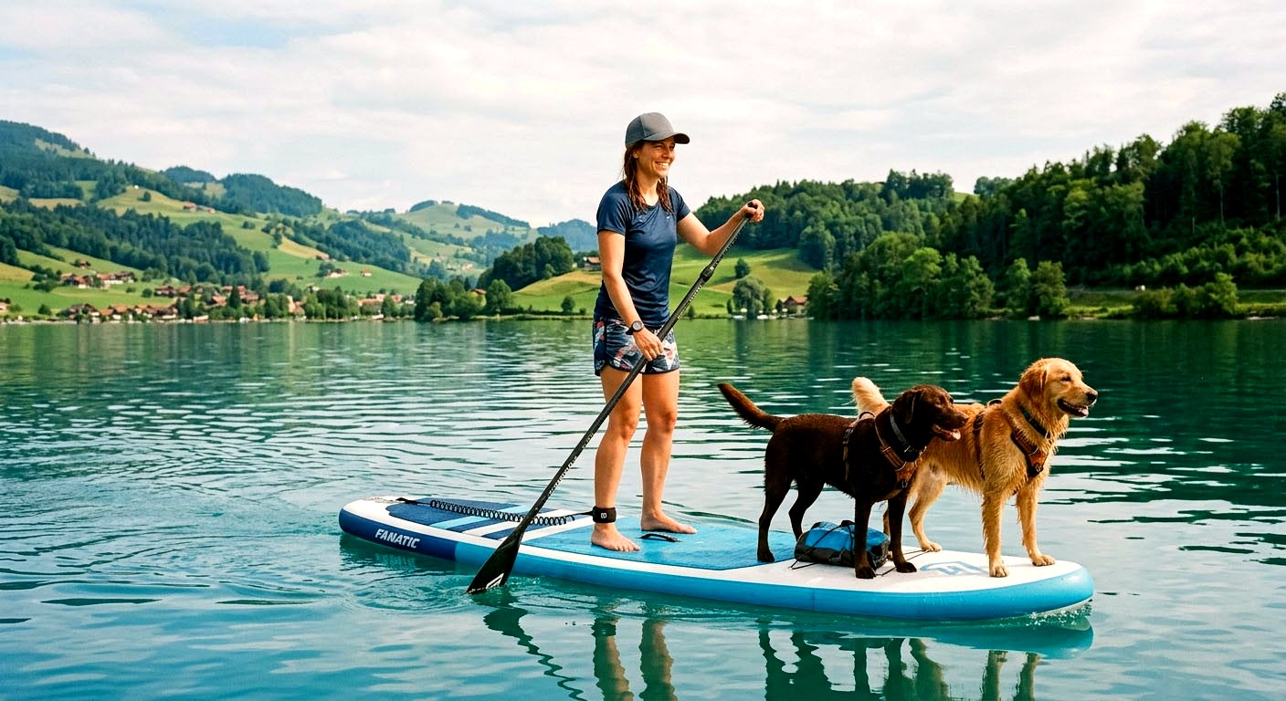 Frau paddelt lächelnd stehend auf einem Stand-up-Paddle-Board mit zwei Hunden über einen ruhigen See