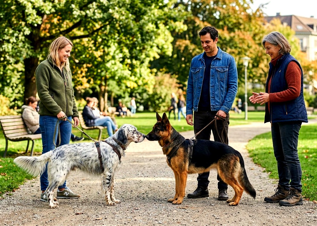 Ein Blue-Belton-English-Setter und ein Deutscher Schäferhund beschnuppern sich bei einer ruhigen Begegnung auf einem Parkweg, ihre Halter und eine Hundetrainerin begleiten die Situation