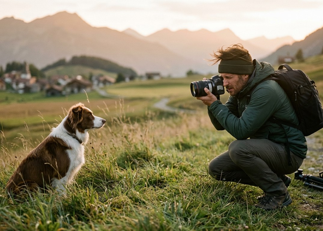 Ein Fotograf fotografiert mit der Kamera einen Hund draussen in den Bergen im Abendlicht.