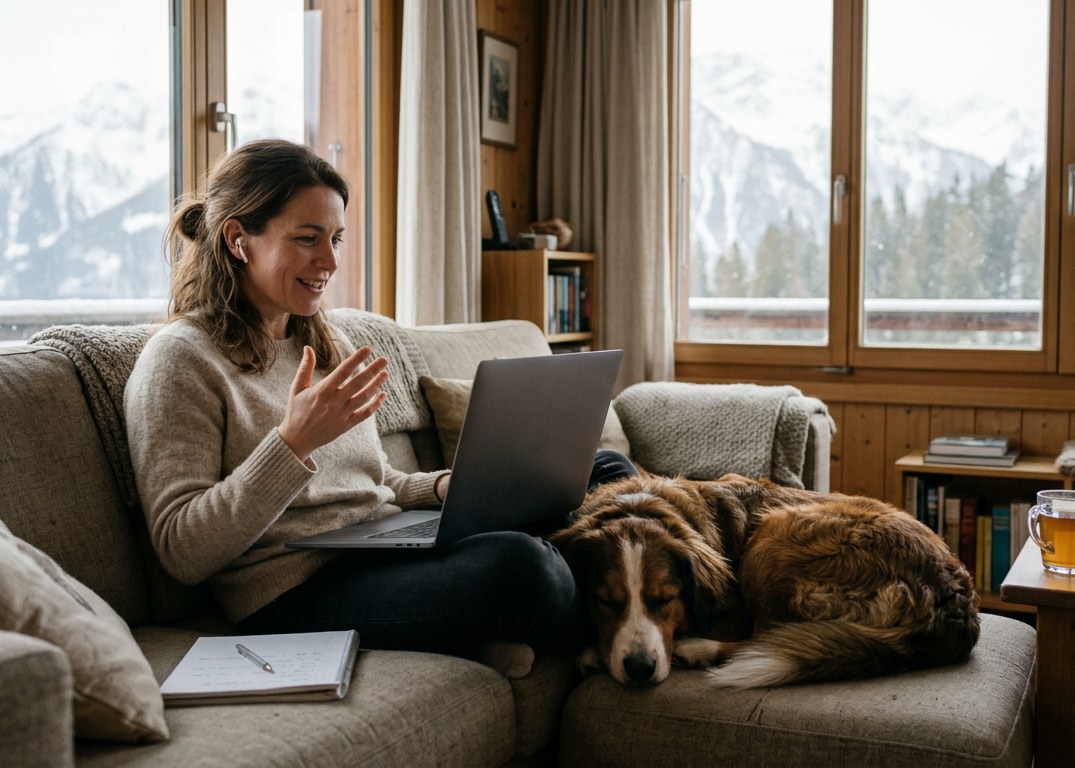 Frau mit Ohrhörern berät per Videocall am Laptop, ihr Hund schläft entspannt neben ihr auf dem Sofa.